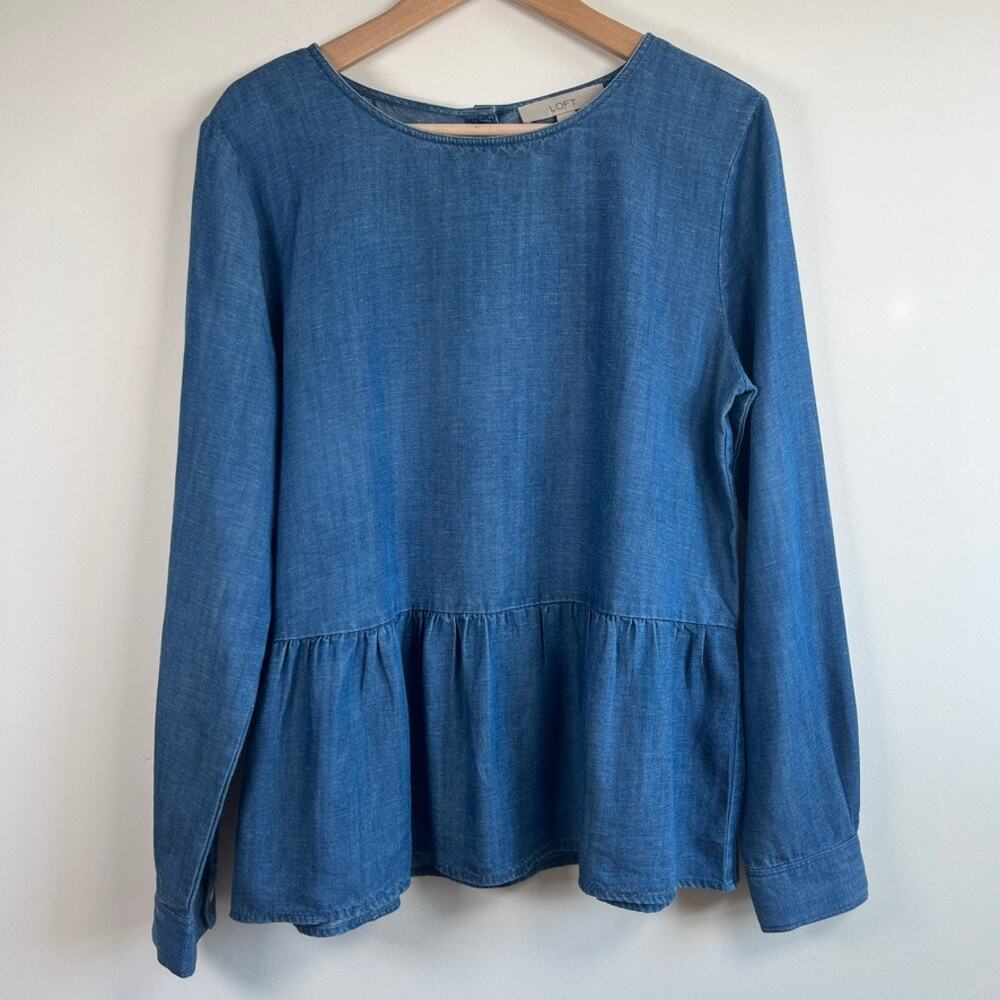 LOFT Chambray Peplum Button Back Long Sleeve Top Blouse Tunic Blue Denim Size M